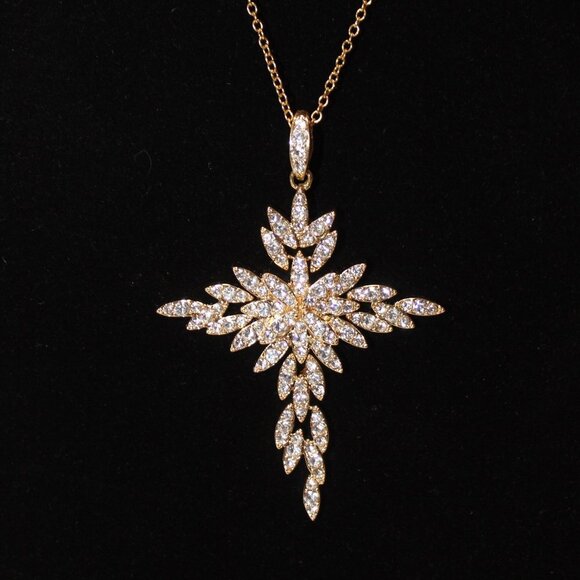 PJM Rhinestones Dangling Leaf Moveable Cross Pendant Necklace - Picture 1 of 11
